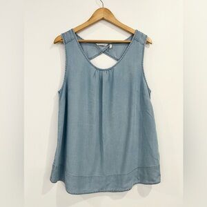 Soft Surroundings L Sleeveless Chambray Tank Top Keyhole Back Blue Coastal Boho